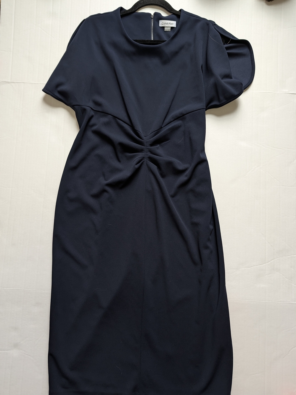 Calvin Klein Womens 16 Navy Scuba Crepe Sheath Dress Ruched Flutter Sleeve NWT